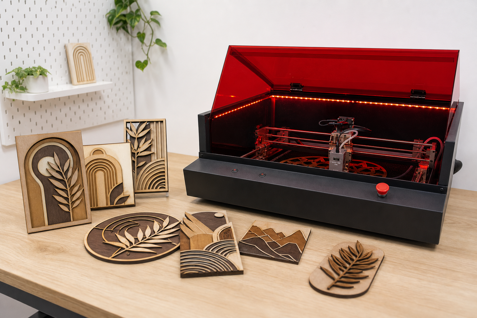 Magia Roja CNC beside a collection of layered wood wall art