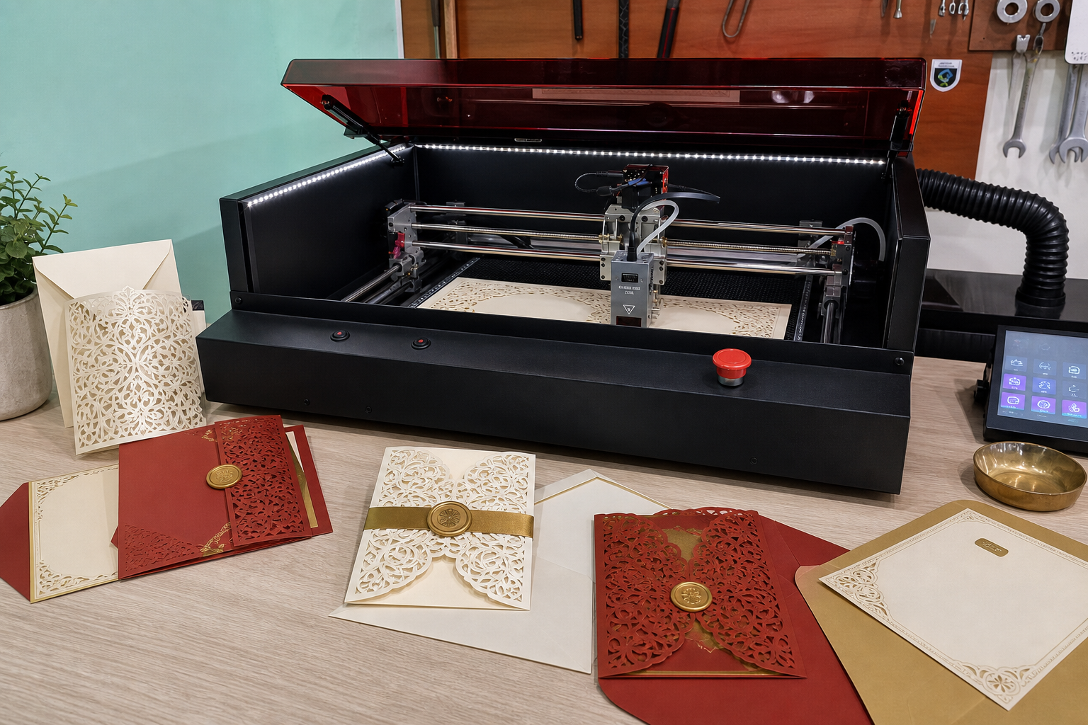 Cut-out paper invitations made with the Magia Roja CNC