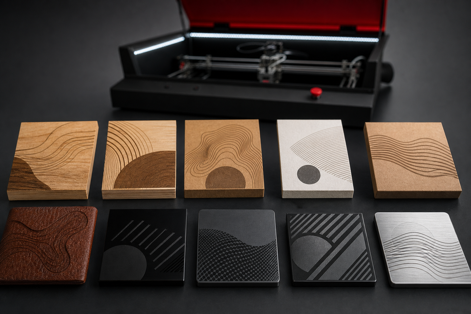 Sample board of engraved and cut materials