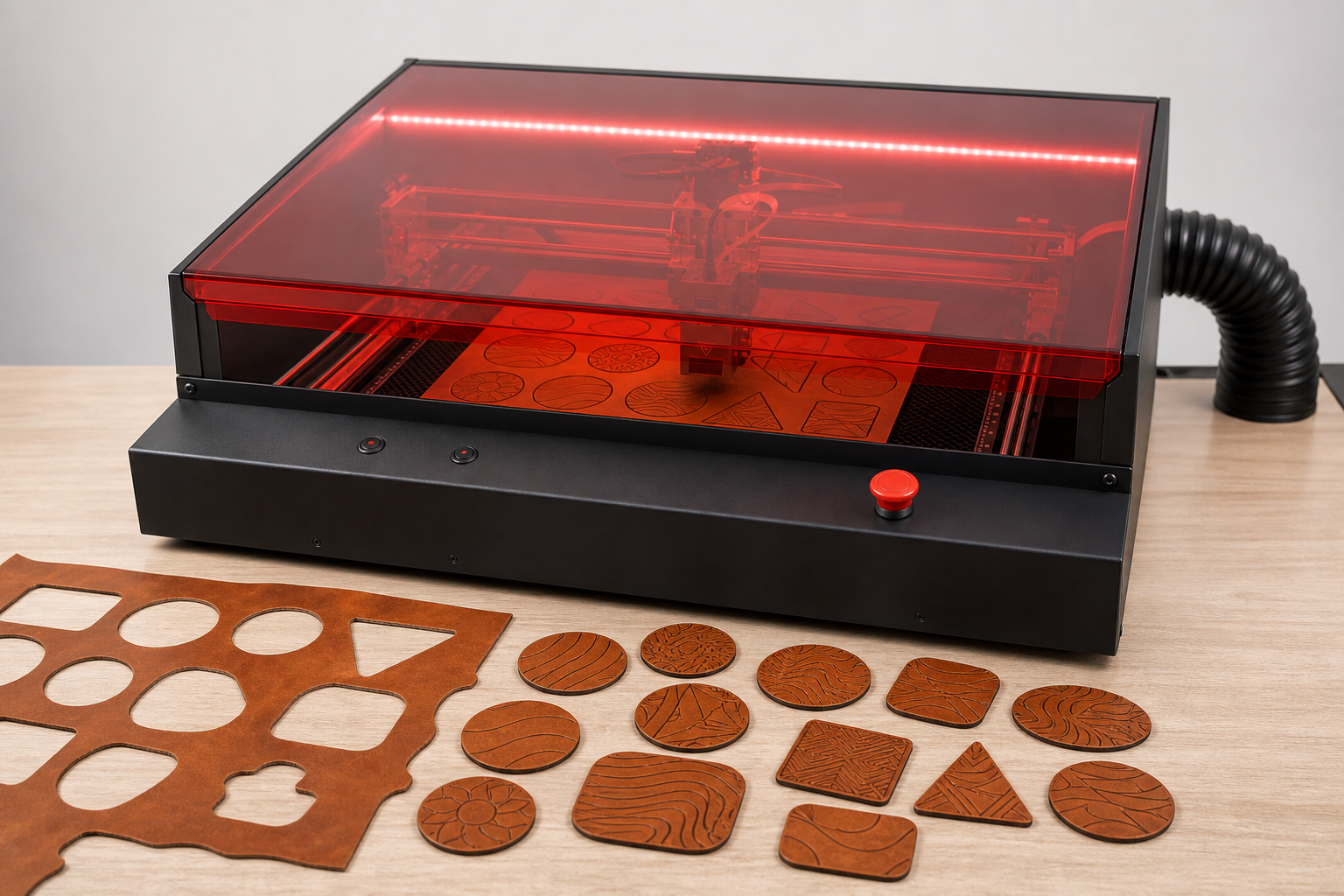Engraved leather patches in front of the Magia Roja CNC